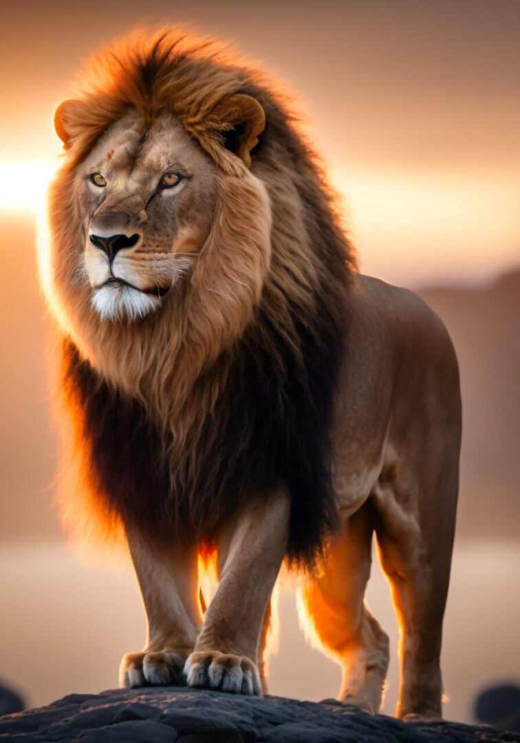 Lion, powerful, muscular, golden brown fur, sharp claws, fierce eyes, majestic mane, standing on a rock, watching the sunrise, orange and yellow hues in the sky. AI